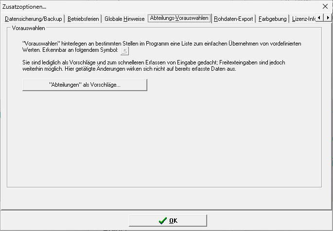 Reiter Abteilungs-Vorauswahlen mit Erklärung und Knopf Abteilungen als Vorschläge