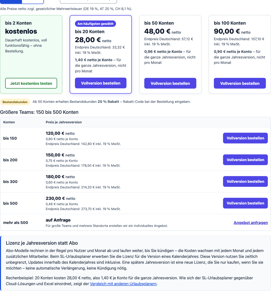 Preisübersicht auf der Website: Karten für bis 2, 20, 50 und 100 Konten, darunter Tabelle für 150 bis 500 Konten