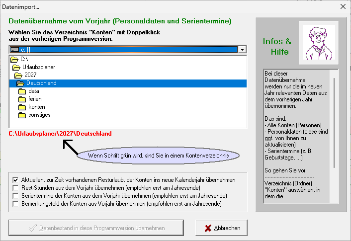 Fenster Datenimport: Ordnerliste mit Urlaubsplaner, 2027, Deutschland und Unterordnern, rote Pfadangabe, vier Haken für Resturlaub, Rest-Stunden, Serientermine und Bemerkungsfeld