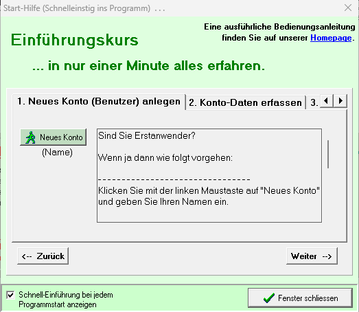 Fenster Einführungskurs mit Registern Neues Konto anlegen und Konto-Daten erfassen