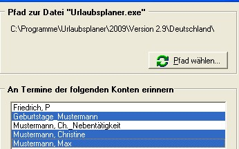 Optionen des Erinnerungsmoduls mit Pfad zur Urlaubsplaner.exe und Liste der Konten