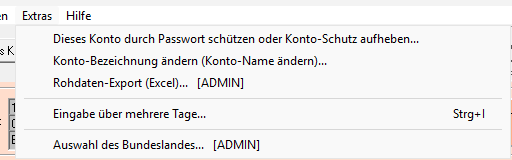 Geöffnetes Menü Extras mit dem Eintrag Eingabe über mehrere Tage