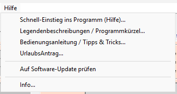 Menü Hilfe mit Schnell-Einstieg, Legendenbeschreibungen, Bedienungsanleitung, UrlaubsAntrag, Software-Update und Info