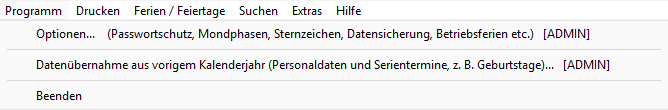 Menü Programm mit Optionen, Datenübernahme aus vorigem Kalenderjahr und Beenden