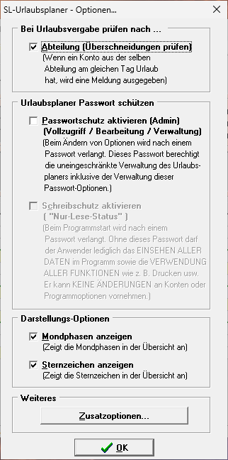 Fenster Optionen mit Abteilungsprüfung, Passwortschutz, Schreibschutz, Mondphasen, Sternzeichen und Zusatzoptionen