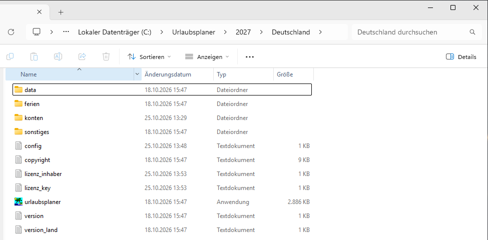 Windows-Explorer mit dem Ordner C:\Urlaubsplaner\2027\Deutschland: Ordner data, ferien, konten, sonstiges und die Dateien config, copyright, lizenz_inhaber, lizenz_key, urlaubsplaner, version