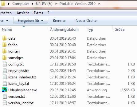 Inhalt des Portable-Ordners: data, ferien, konten, sonstiges, Lizenzdateien und Urlaubsplaner.exe