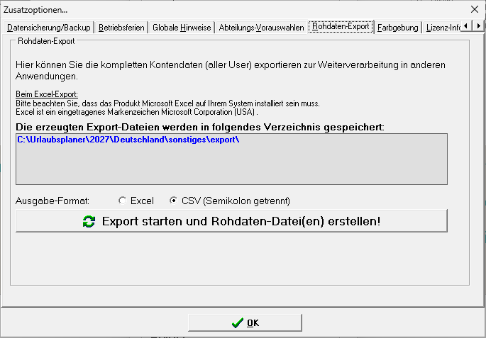 Reiter Rohdaten-Export in den Zusatzoptionen mit Zielordner sonstiges\export, Auswahl Excel oder CSV und Knopf Export starten