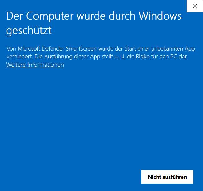 Windows-Meldung: Der Computer wurde durch Windows geschützt, mit Link Weitere Informationen