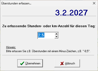 Fenster Überstunden erfassen für den 3.2.2027 mit dem Wert 2,5
