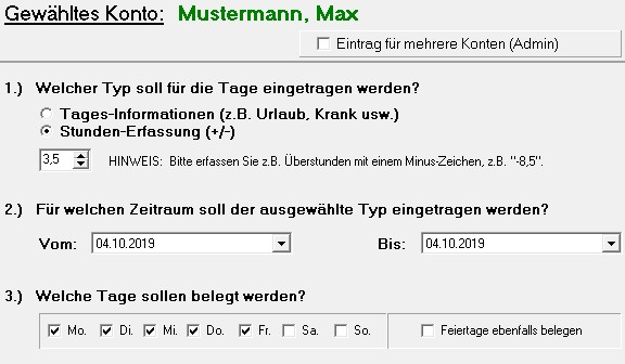 Dialog Eingabe über mehrere Tage mit gewählter Stunden-Erfassung und Wert 3,5