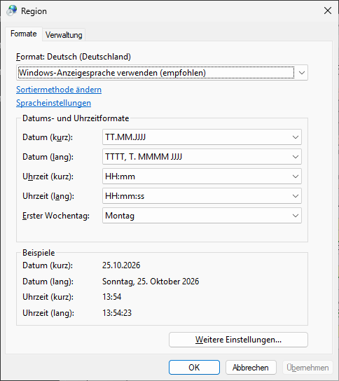 Windows-Dialog Region mit Format Deutsch (Deutschland), Datum kurz TT.MM.JJJJ und erster Wochentag Montag