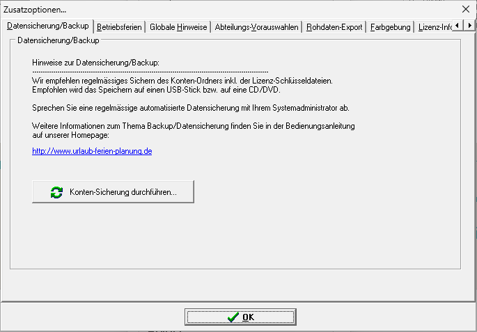 Reiter Datensicherung/Backup in den Zusatzoptionen mit Hinweisen und Knopf Konten-Sicherung durchführen