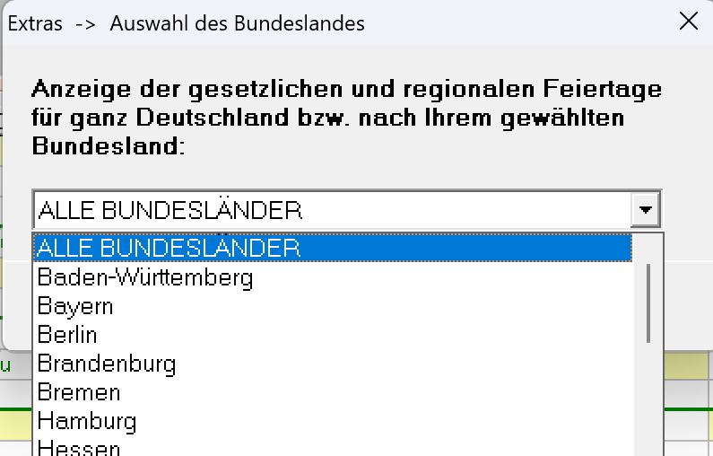 Auswahl des Bundeslands für gesetzliche Feiertage und regionale Ferien im SL-Urlaubsplaner