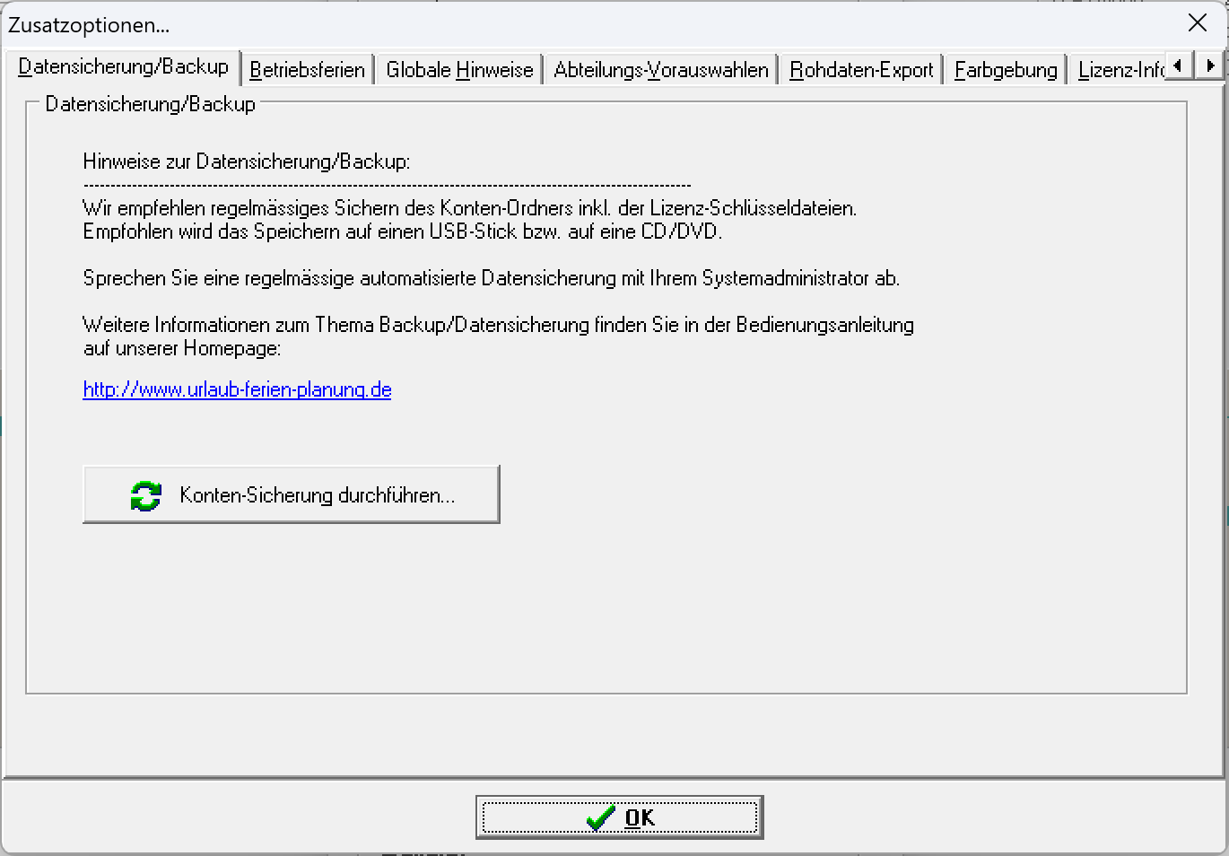 Zusatzoptionen für Datensicherung und Backup im SL-Urlaubsplaner