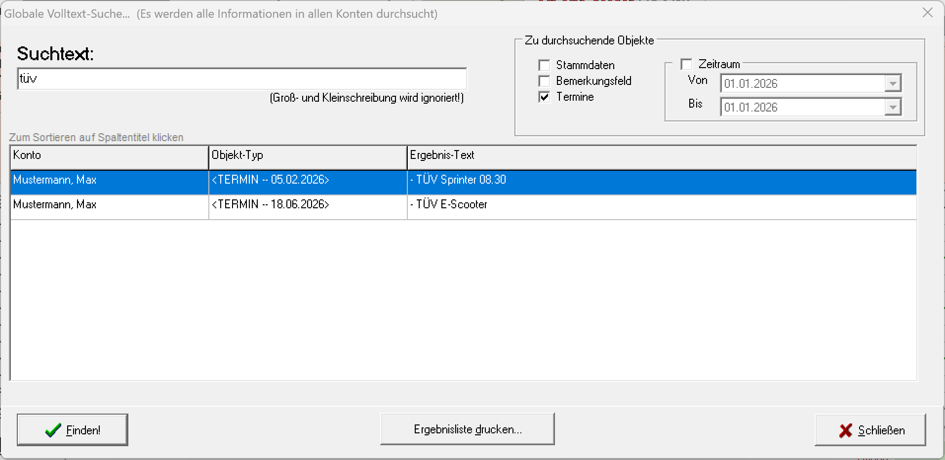 Globale Volltextsuche in allen Konten Globale Volltextsuche über alle Konten im SL-Urlaubsplaner