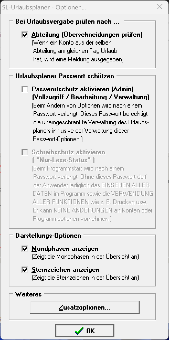 Programmoptionen des Urlaubsplaners