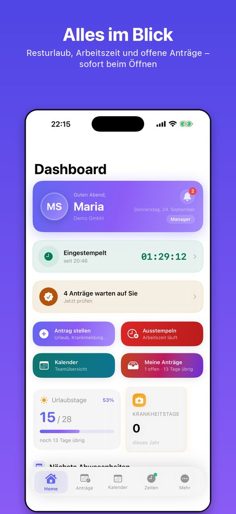 SL-UP iPhone-App: Dashboard mit Resturlaub, Arbeitszeit und offenen Anträgen