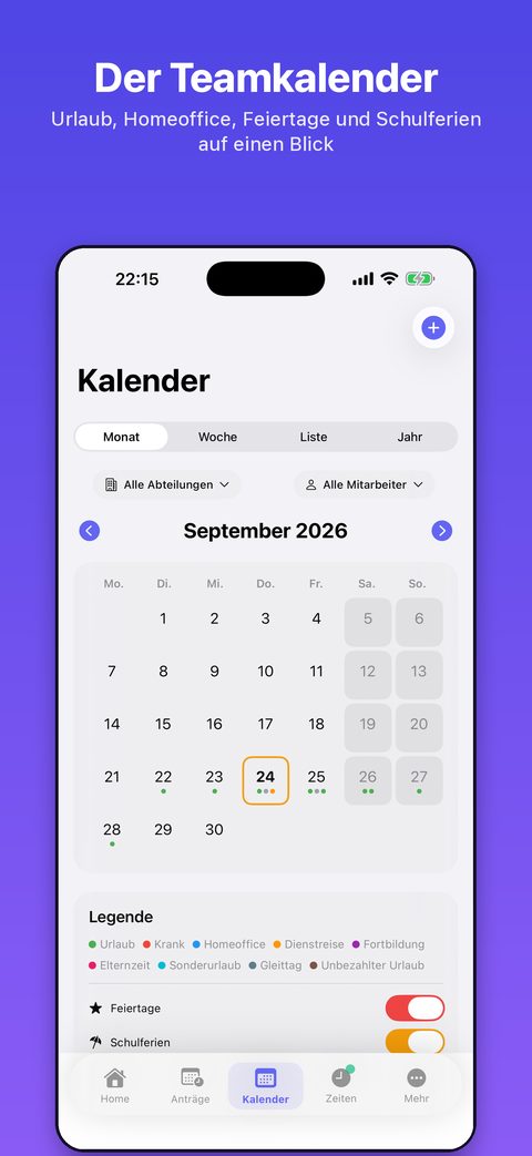 SL-UP iPhone-App: Teamkalender mit Urlaub, Homeoffice, Feiertagen und Schulferien