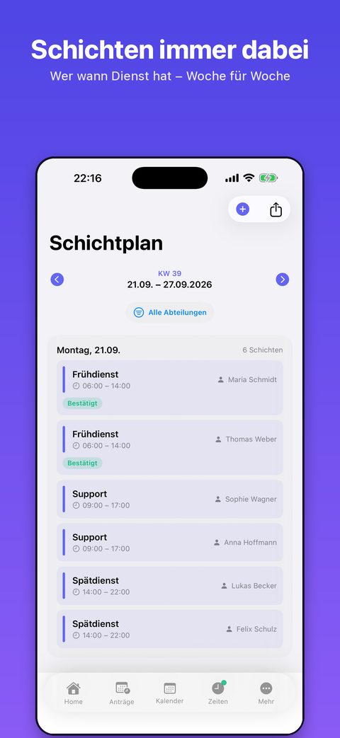 SL-UP iPhone-App: Schichtplan: wer wann Dienst hat, Woche für Woche